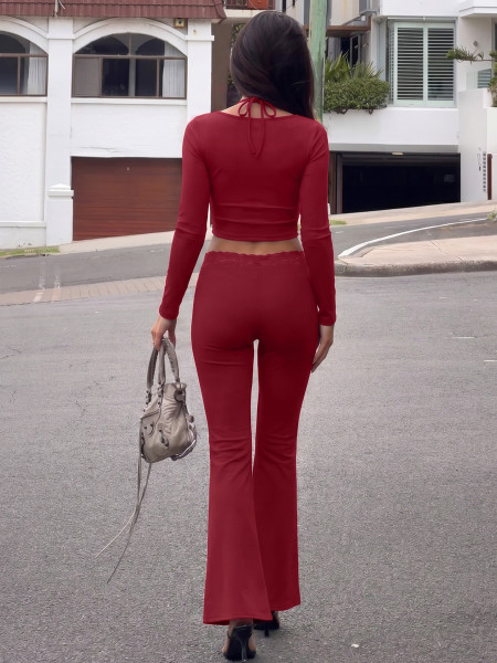 Lace patchwork small suspender high waisted straight leg pants set S6521809Y