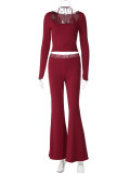 Lace patchwork small suspender high waisted straight leg pants set S6521809Y