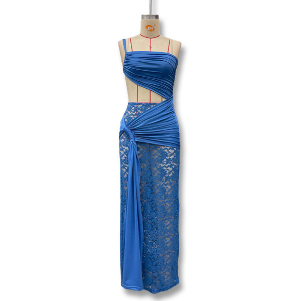 Hollow lace slanted neck ribbon dress ZD241278
