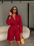 Collar solid color casual short trousers long sleeved shirt set TW860