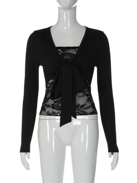 Lace long sleeved top with hollowed out interior and T-shirt two-piece set S6722146Y