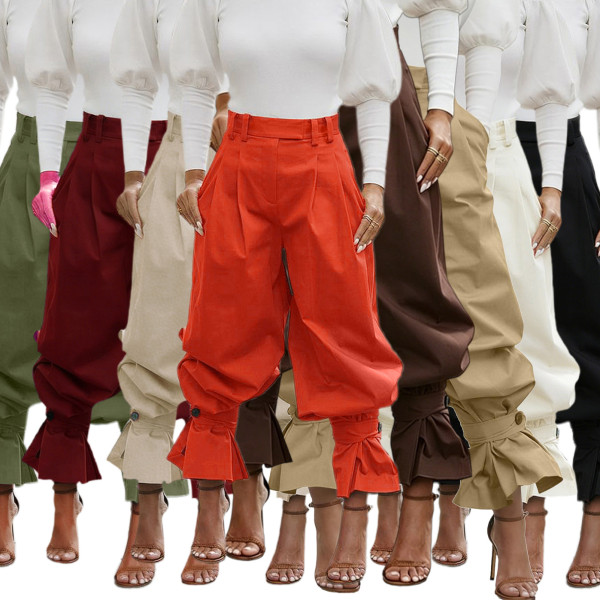 High waisted pleated leg tied lantern pants S391538