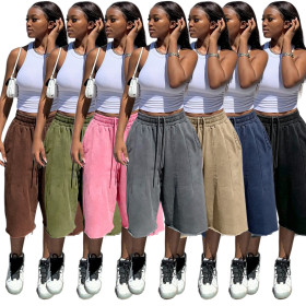 Loose wide leg pants with elastic drawstring waist and frayed hem, cropped pants S391515