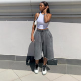 Loose wide leg pants with elastic drawstring waist and frayed hem, cropped pants S391515