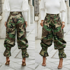 High waisted pleated leg tied lantern pants with loose camouflage print buckle and adjustable wide leg pants S391567