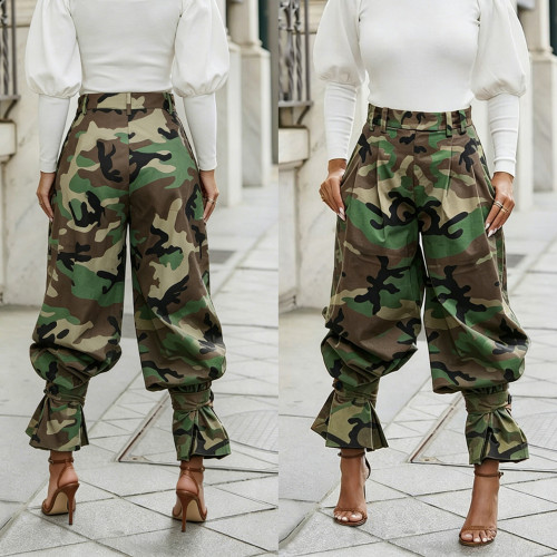 High waisted pleated leg tied lantern pants with loose camouflage print buckle and adjustable wide leg pants S391567