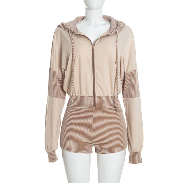 Splicing hooded long sleeved zipper top paired with tight shorts two-piece set D26ST348