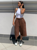 Loose wide leg pants with elastic drawstring waist and frayed hem, cropped pants S391515