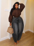 Splicing arc-shaped wide leg jeans S391657