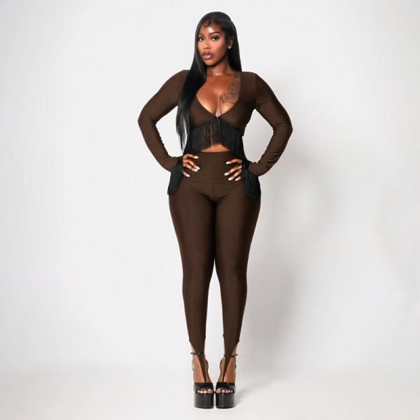 Tassel long sleeved ultra short top paired with tight leg pants set D26ST405
