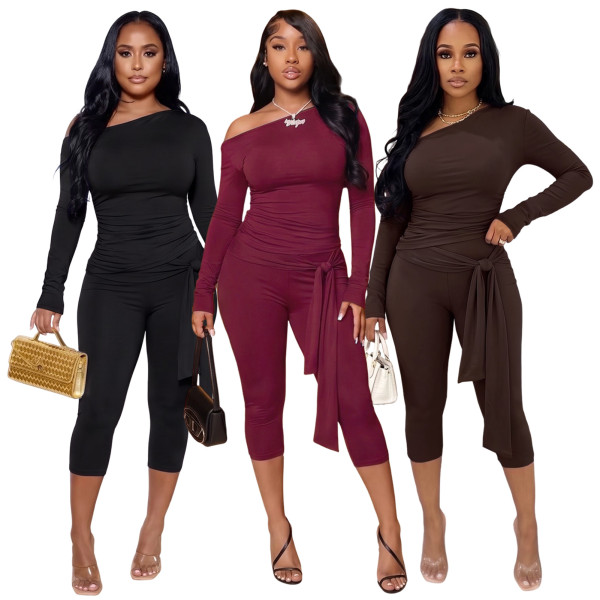 Long sleeved round neck multi fold strap pants set, two-piece set GL6830