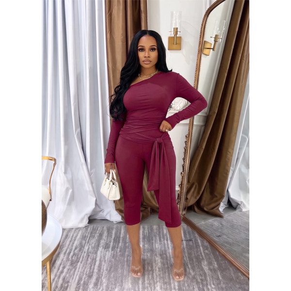 Long sleeved round neck multi fold strap pants set, two-piece set GL6830