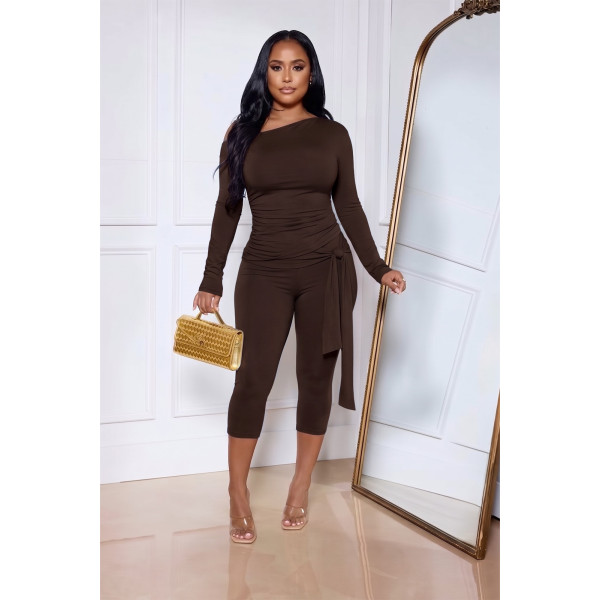 Long sleeved round neck multi fold strap pants set, two-piece set GL6830