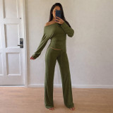 Slanted collar shoulder kit, waist pinching long sleeved elastic pants two-piece set MR50738