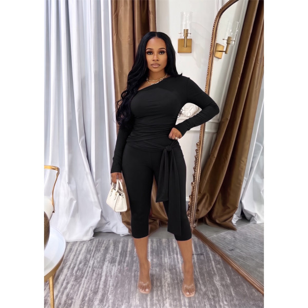 Long sleeved round neck multi fold strap pants set, two-piece set GL6830