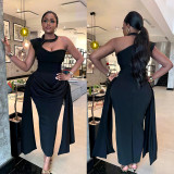 Slanted shoulder hollow design ribbon high waisted dress C7870