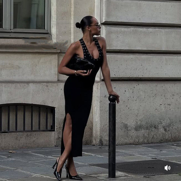 Hollow out large backless split suspender long dress KP11654