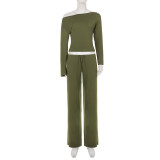 Slanted collar shoulder kit, waist pinching long sleeved elastic pants two-piece set MR50738