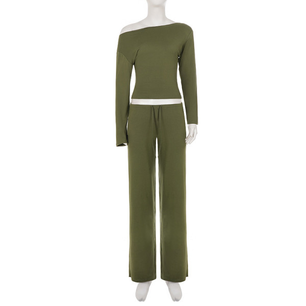 Slanted collar shoulder kit, waist pinching long sleeved elastic pants two-piece set MR50738