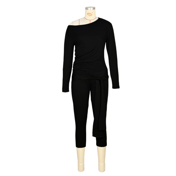Long sleeved round neck multi fold strap pants set, two-piece set GL6830