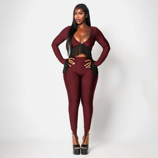 Tassel long sleeved ultra short top paired with tight leg pants set D26ST405