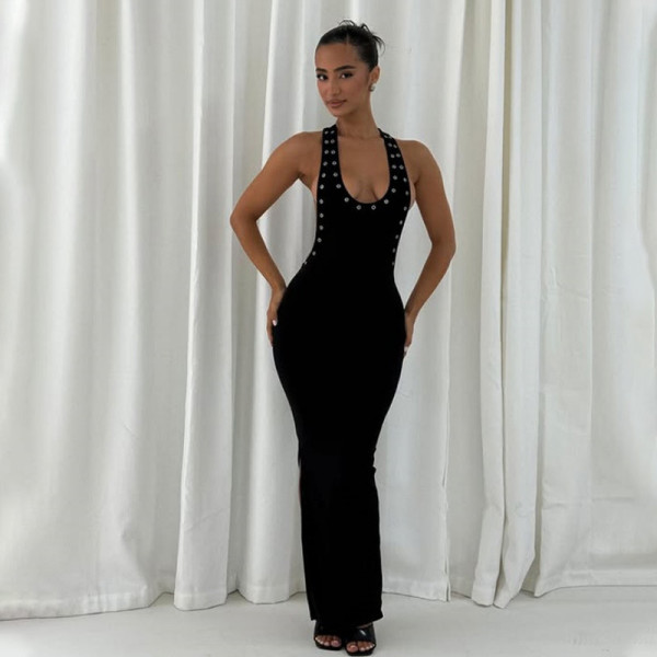 Hollow out large backless split suspender long dress KP11654