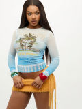 Gradient coconut tree printed mesh long sleeved T-shirt A1073201278262