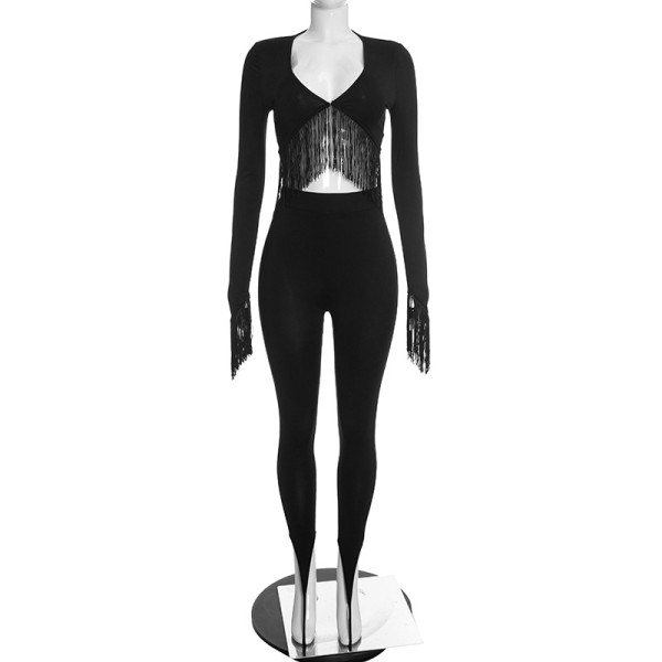 Tassel long sleeved ultra short top paired with tight leg pants set D26ST405