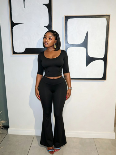 U-neck cropped top with cropped sleeves, high waist and hip lifting, flared pants, sports suit K26L2925
