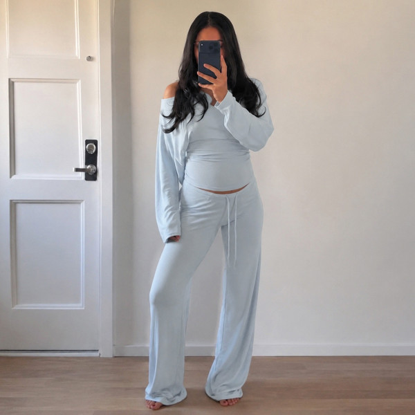 Slanted collar shoulder kit, waist pinching long sleeved elastic pants two-piece set MR50738
