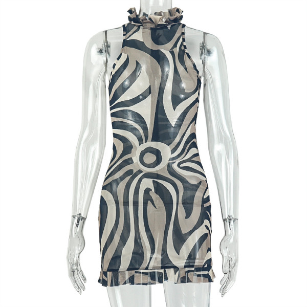 Printed round neck hip hugging skirt with black pattern waist cinching short dress JD305933