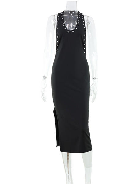 Hollow out large backless split suspender long dress KP11654