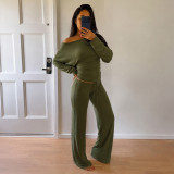 Slanted collar shoulder kit, waist pinching long sleeved elastic pants two-piece set MR50738