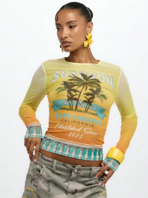 Gradient coconut tree printed mesh long sleeved T-shirt A1073201278262