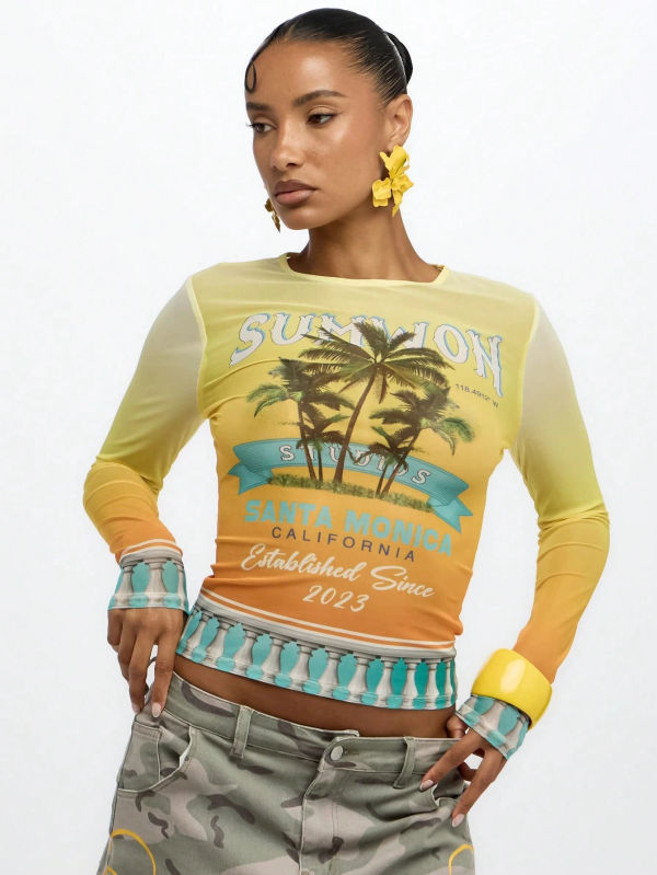 Gradient coconut tree printed mesh long sleeved T-shirt A1073201278262