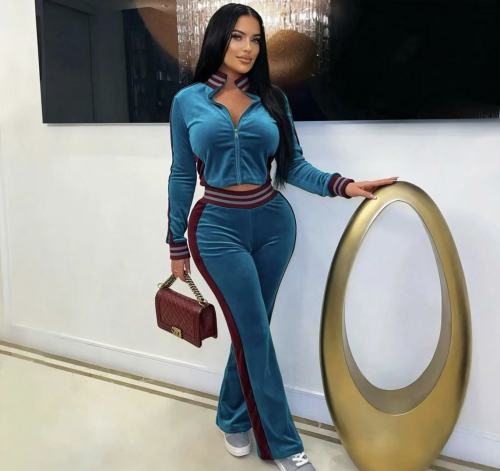 Color blocked velvet sports suit A1079098321242