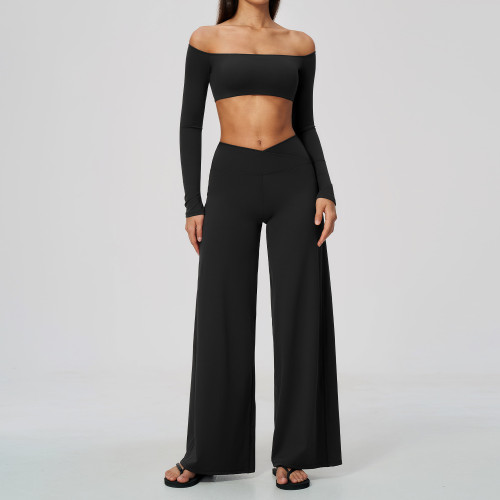 Off shoulder long sleeved shirt with chest cushion, long pants sports suit A1085345065996