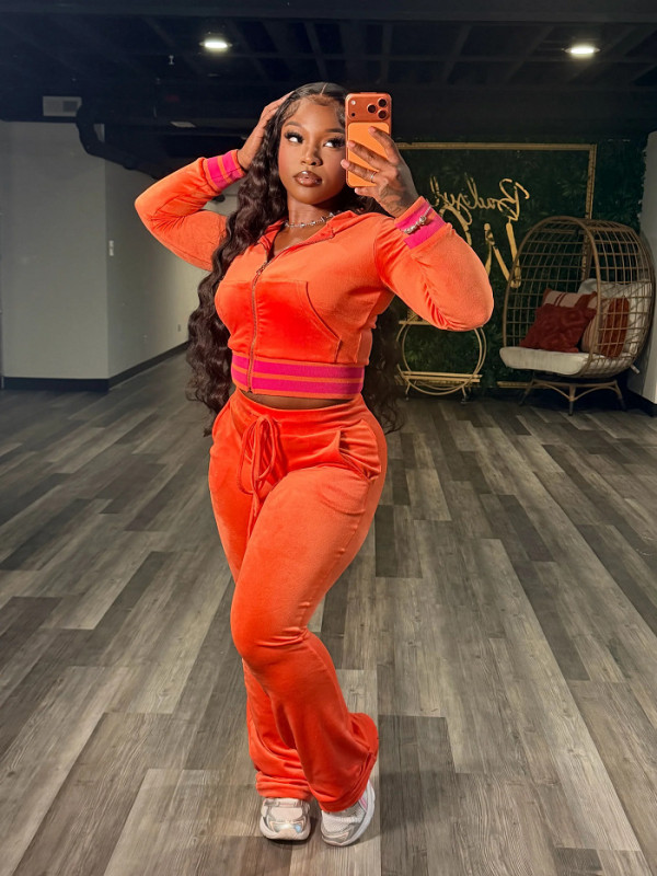 Color blocking ribbed velvet sports suit A1086514973266