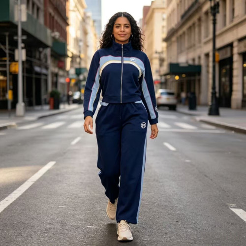 Color blocked stand up collar zipper sports suit loose wide leg pants two-piece set A1087022374922