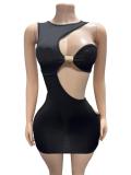 Asymmetric pleated single sleeve arm skirt with metal inlay FC1592