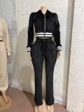 Color blocking ribbed velvet sports suit A1086514973266