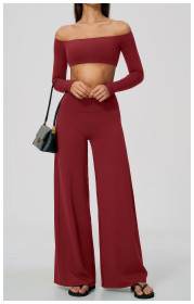 Off shoulder long sleeved shirt with chest cushion, long pants sports suit A1085345065996