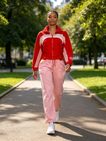 Color blocked stand up collar zipper sports suit loose wide leg pants two-piece set A1087022374922