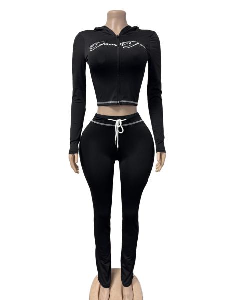Open navel zipper hooded sweatshirt tie two-piece set FC1599