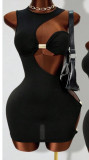 Asymmetric pleated single sleeve arm skirt with metal inlay FC1592