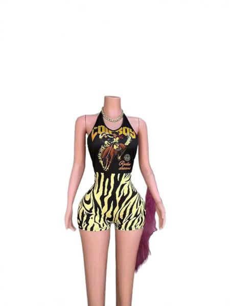 Printed jumpsuit sleeveless tight shorts A1064522065596