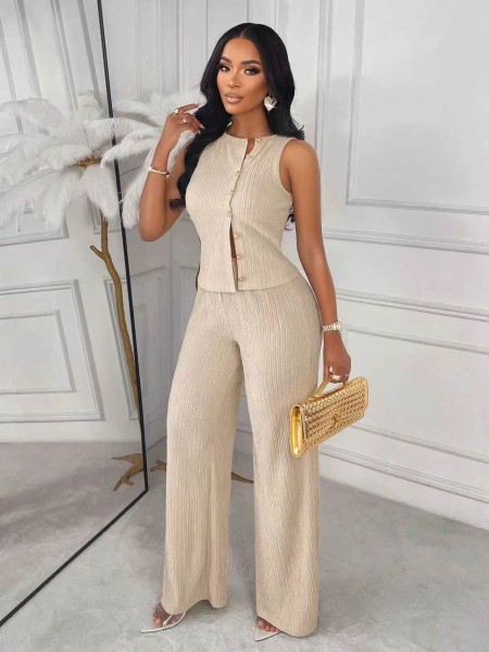Asymmetric button sleeveless top+wide leg pants two-piece set Q1059775147346
