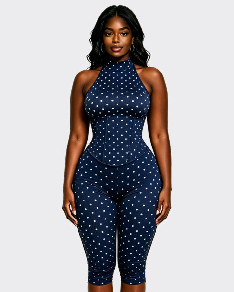 Hanging neck fishbone waist zipper seven piece jumpsuit (fake two pieces) YM59111