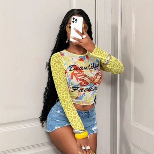 Butterfly print mesh short top leopard print long sleeved see through crop top T-shirt S1068