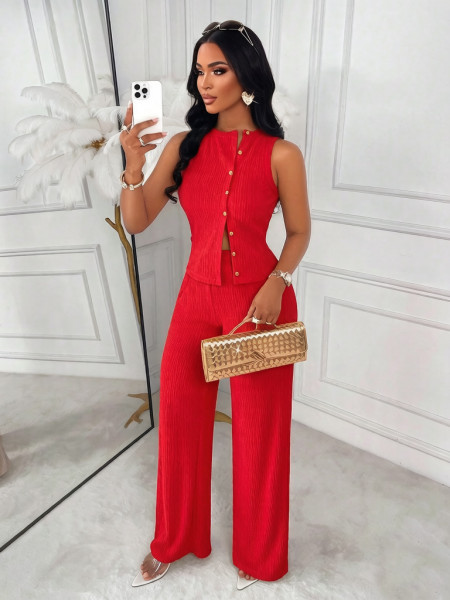 Asymmetric button sleeveless top+wide leg pants two-piece set Q1059775147346